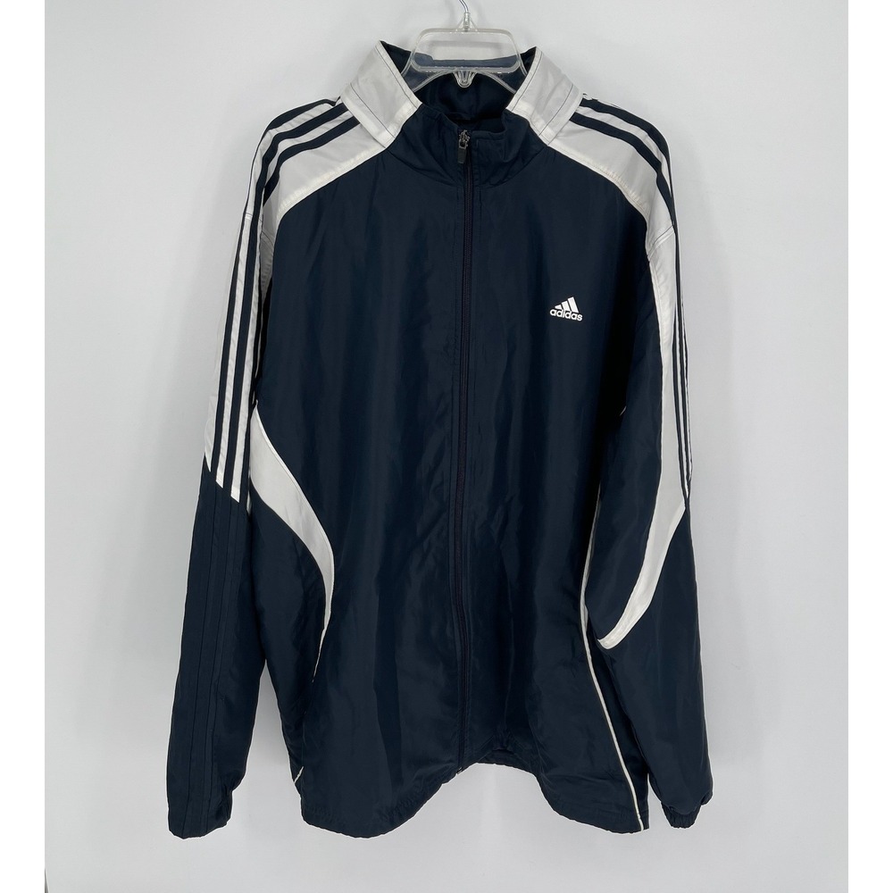 Adidas Men's Navy‎ Blue Full Zip 3-Stripes Windbreaker Track Jacket Size 2XL